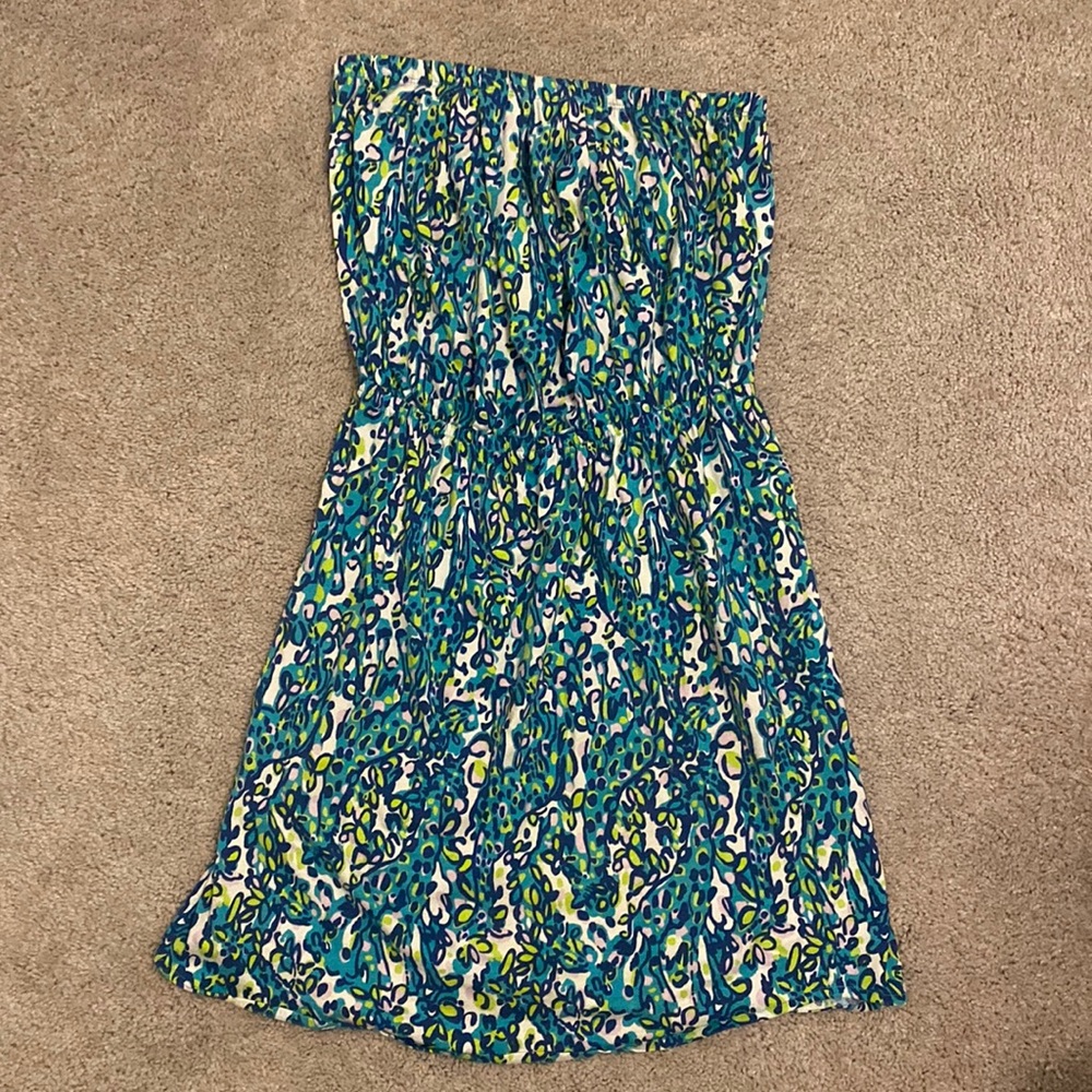 LILLY PULITZER Windsor Sea Blue Its A Stretch Strapless CottonJersey Dress Small